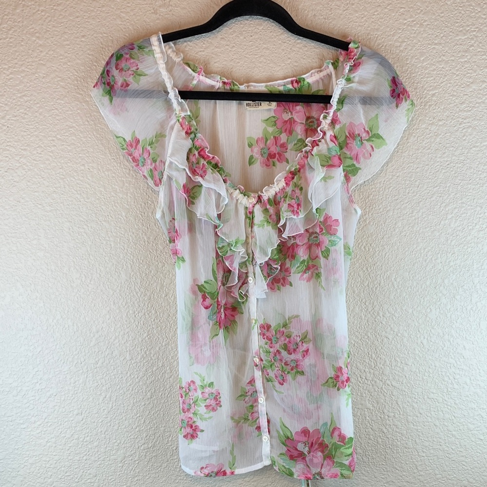 Hollister floral v neck sz L ruffle sheer y2k 90s streetwear date night girly